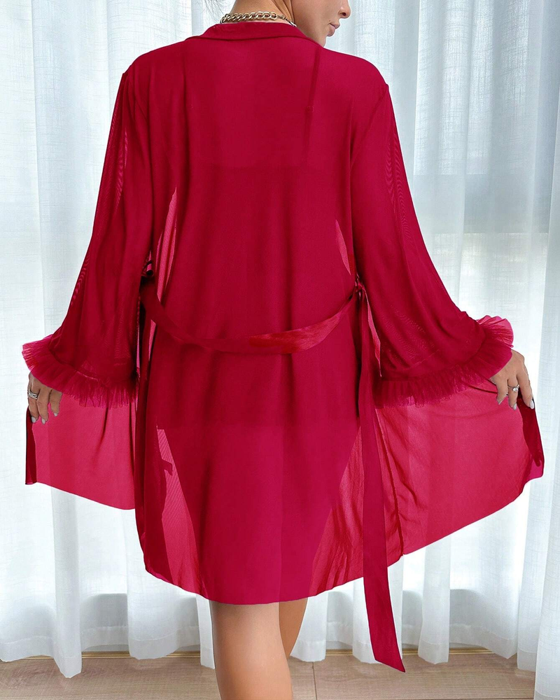 Lace Cami Nightgown & Floral Lace Trim Wide Sleeve Sheer Robe