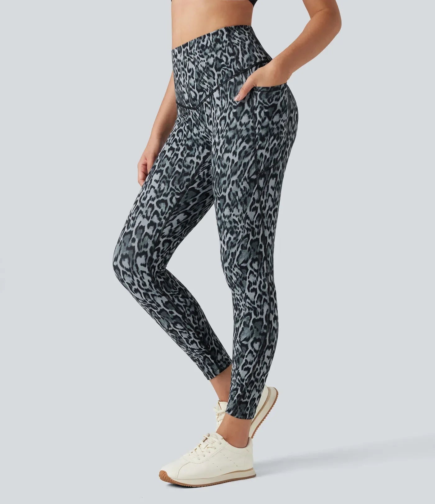 Leopard High Waisted Tummy Control Workout Leggings with Side Pockets