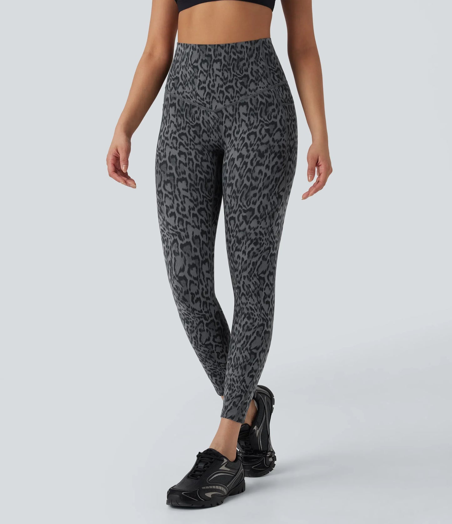 Leopard High Waisted Tummy Control Workout Leggings with Side Pockets