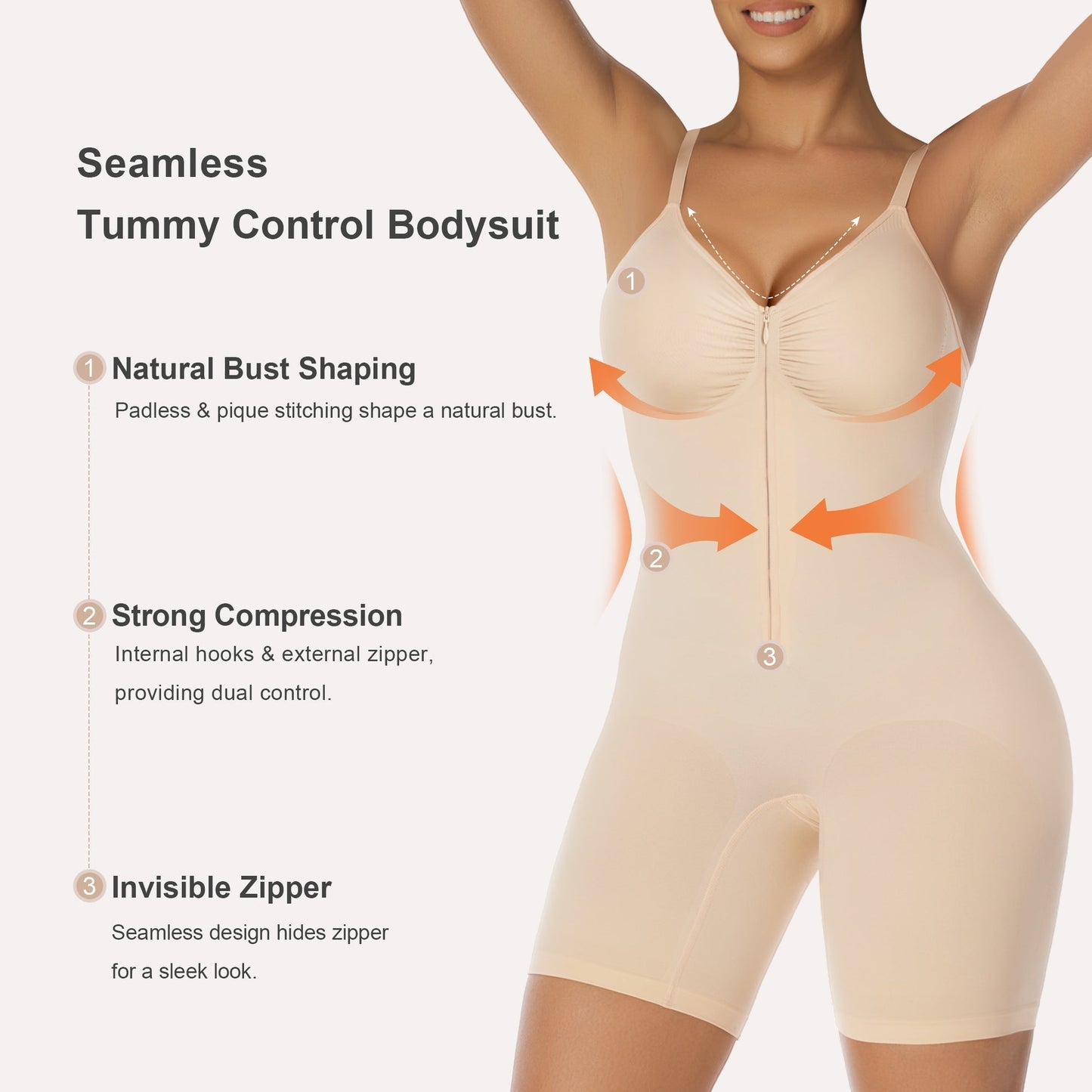 Women's High Elastic Zipper Adjustable Straps Breathable Mesh Design Tummy Control Body Shaper
