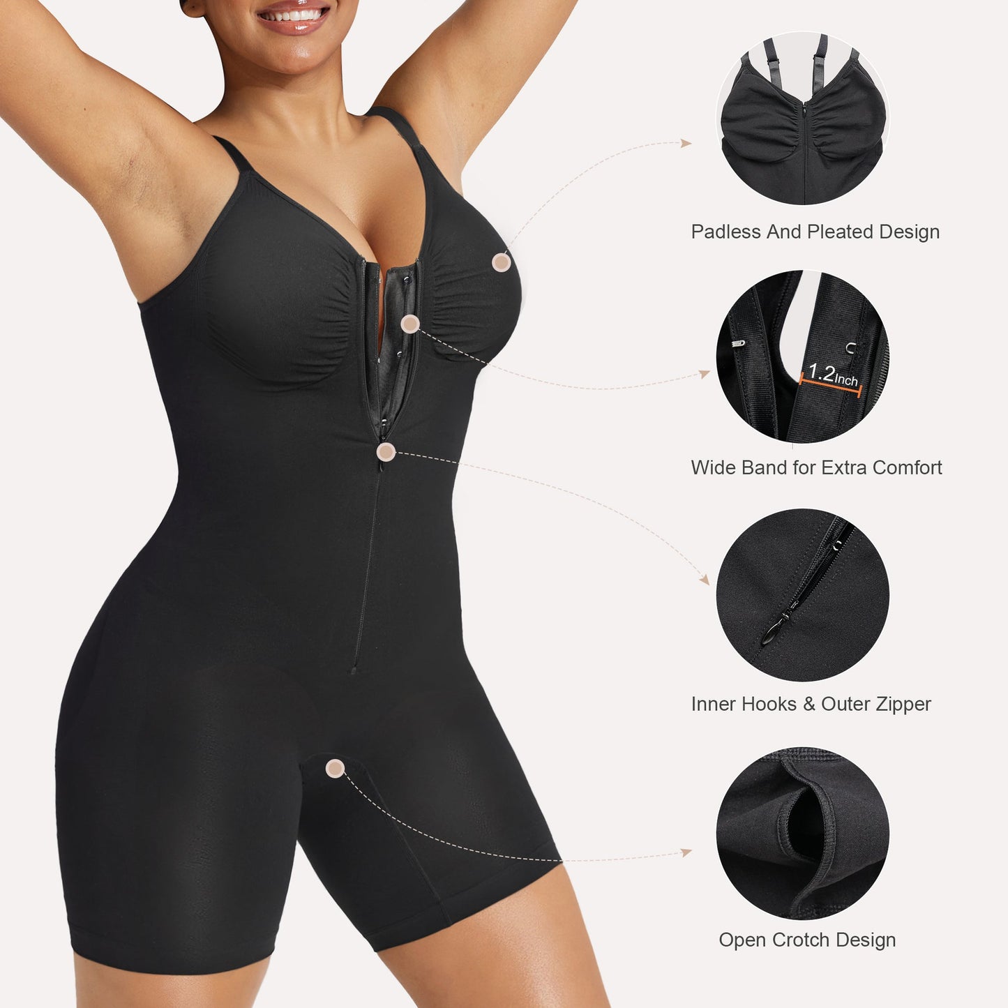Women's High Elastic Zipper Adjustable Straps Breathable Mesh Design Tummy Control Body Shaper